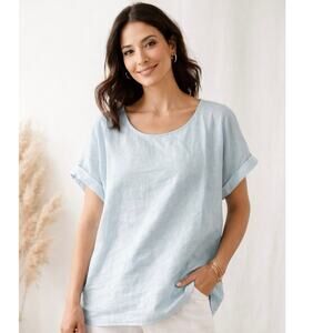 New J.Jill PureJill 100% Linen Top Women’s XL Light Blue Short Sleeve Minimalist